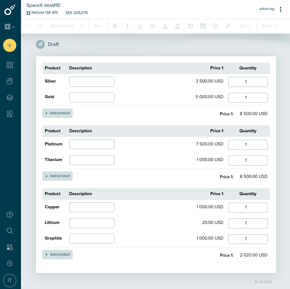 Final contract with grouped product tables