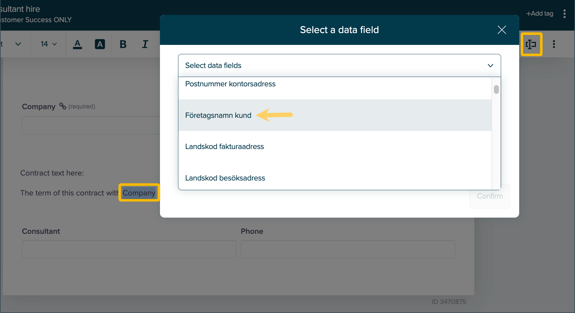Inserting data field into text
