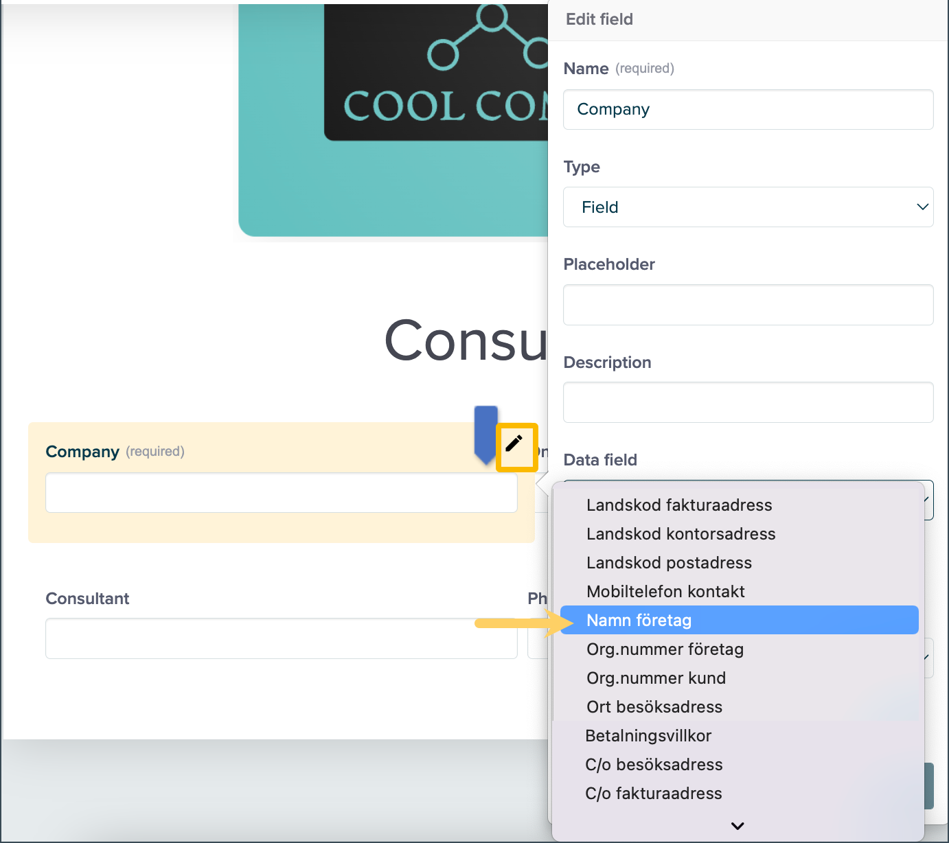 Mapping data fields in template