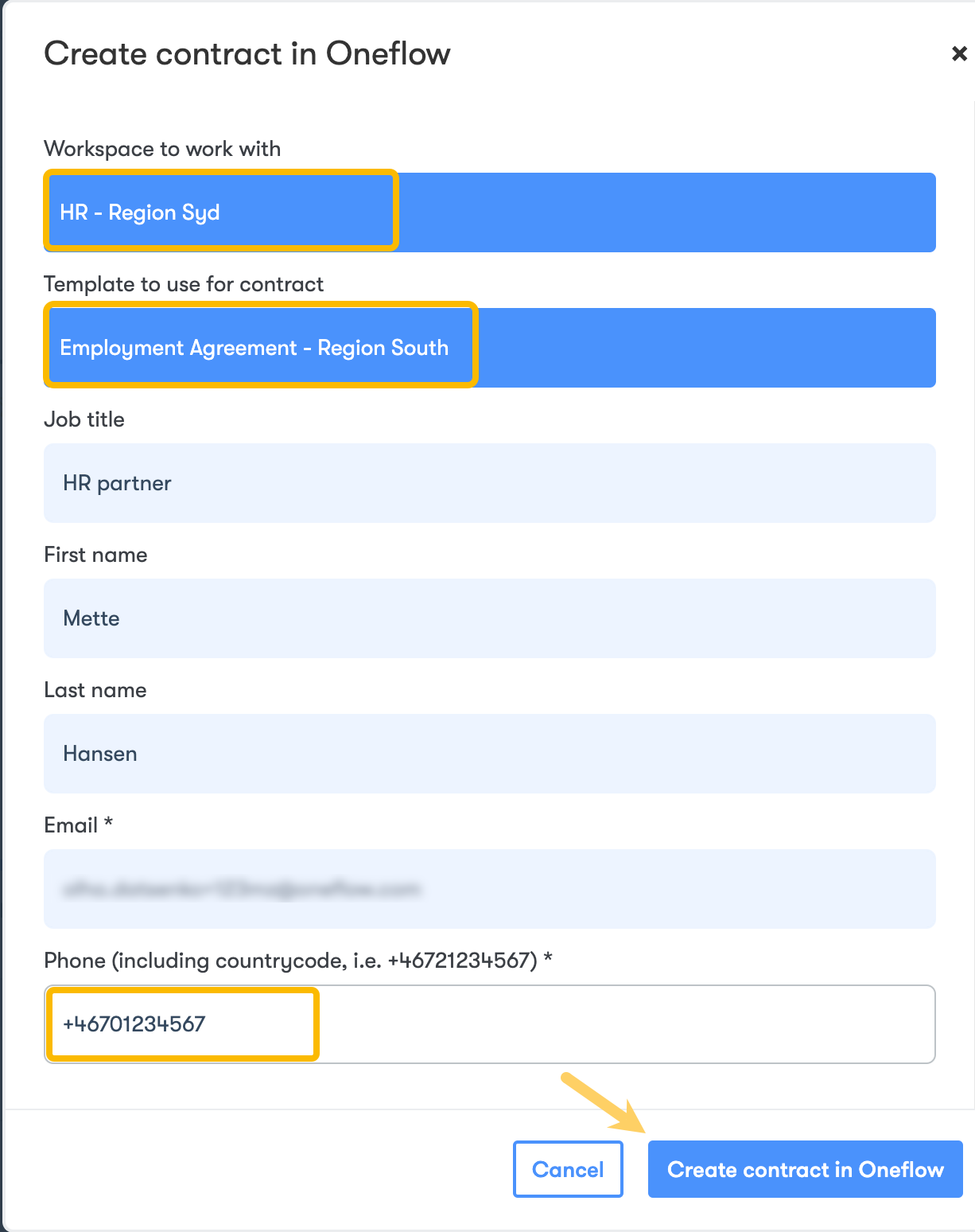 Create contract dialog in Jobylon