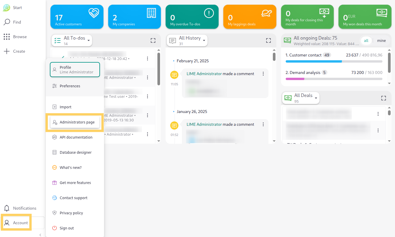 Lime CRM Administrators page