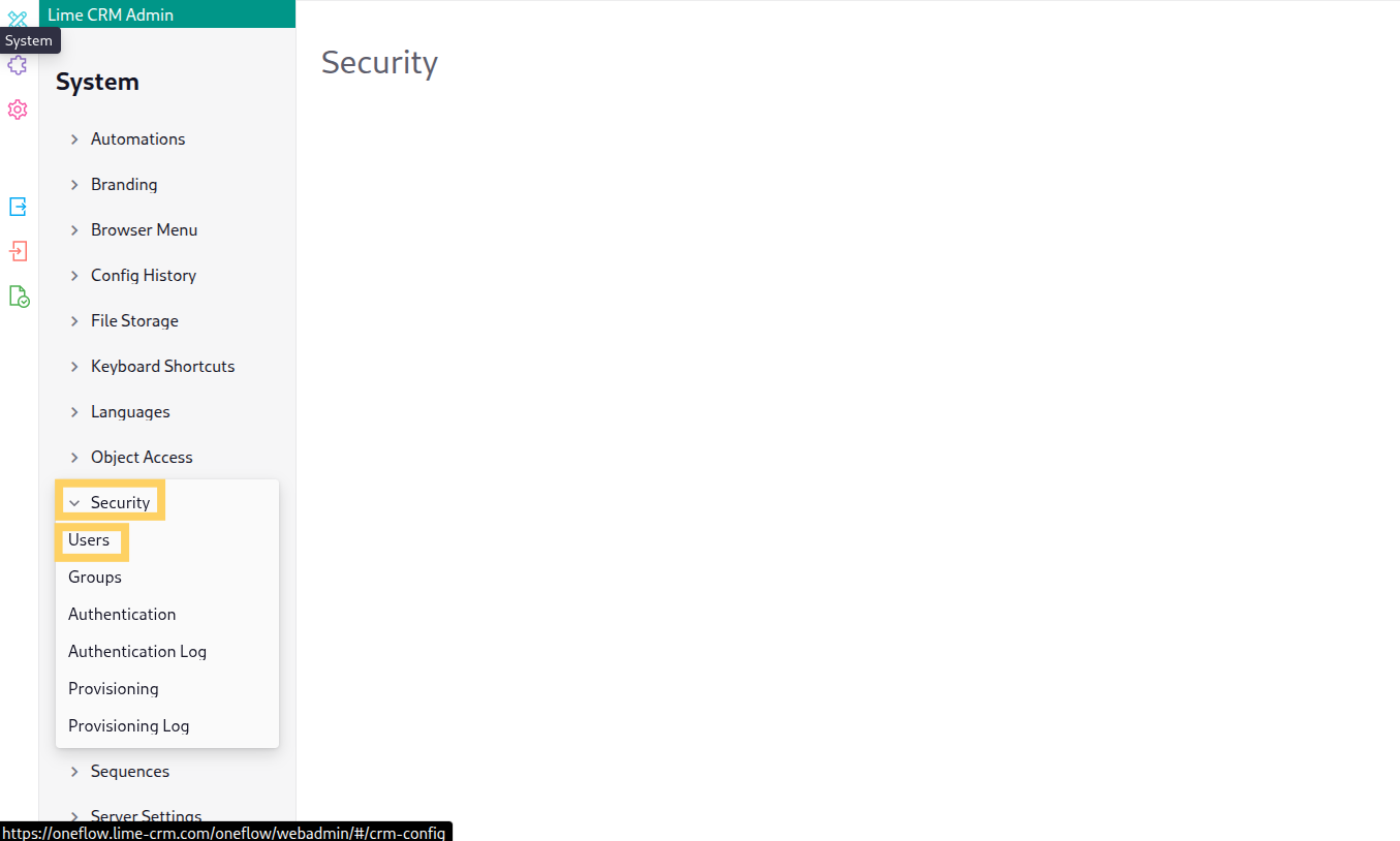 Users section in Lime CRM admin