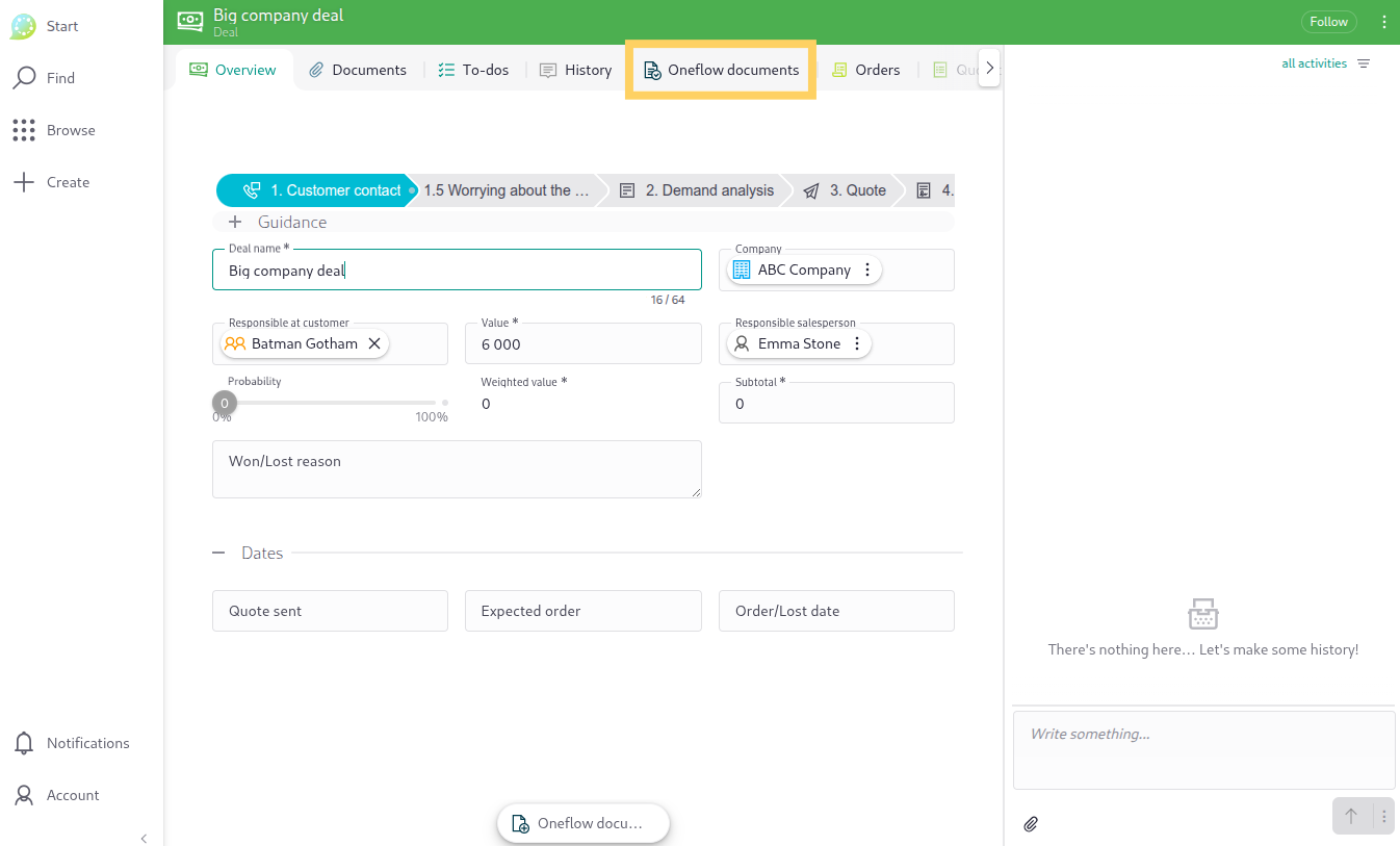 Oneflow documents tab in Lime CRM