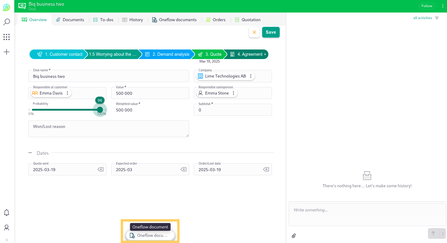 Oneflow document button on Deal page