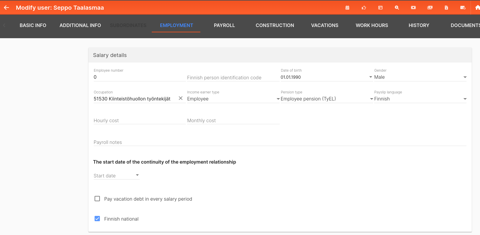 Employment tab in Linkity