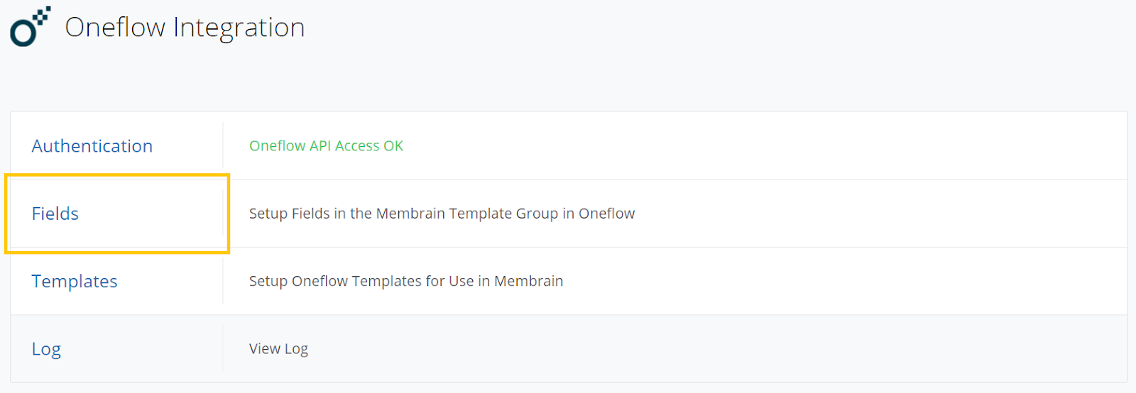 Oneflow Integration Fields page in Membrain