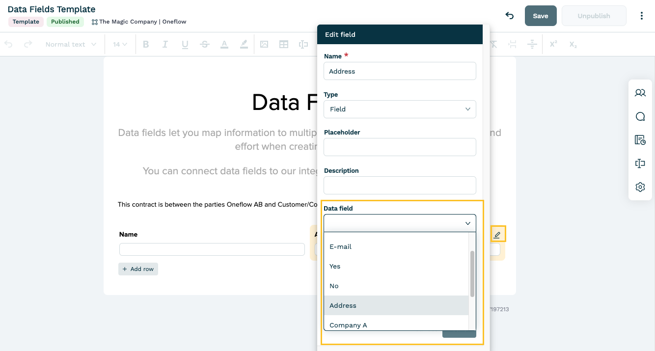 Selecting a data field in Oneflow template