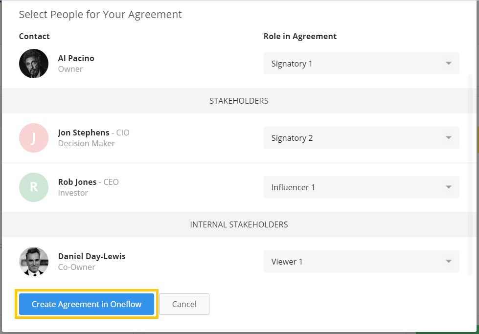 Create Agreement in Oneflow button