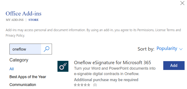 Oneflow add-in in Microsoft Store