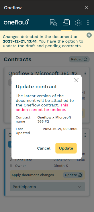 Updating a draft contract popup