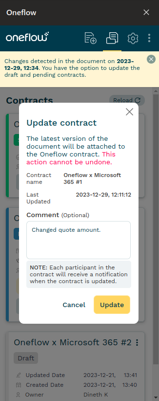 Updating a pending contract popup