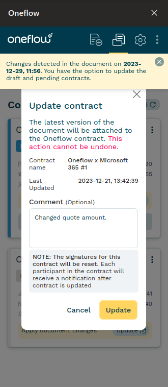 Updating a pending contract signed by some participants popup