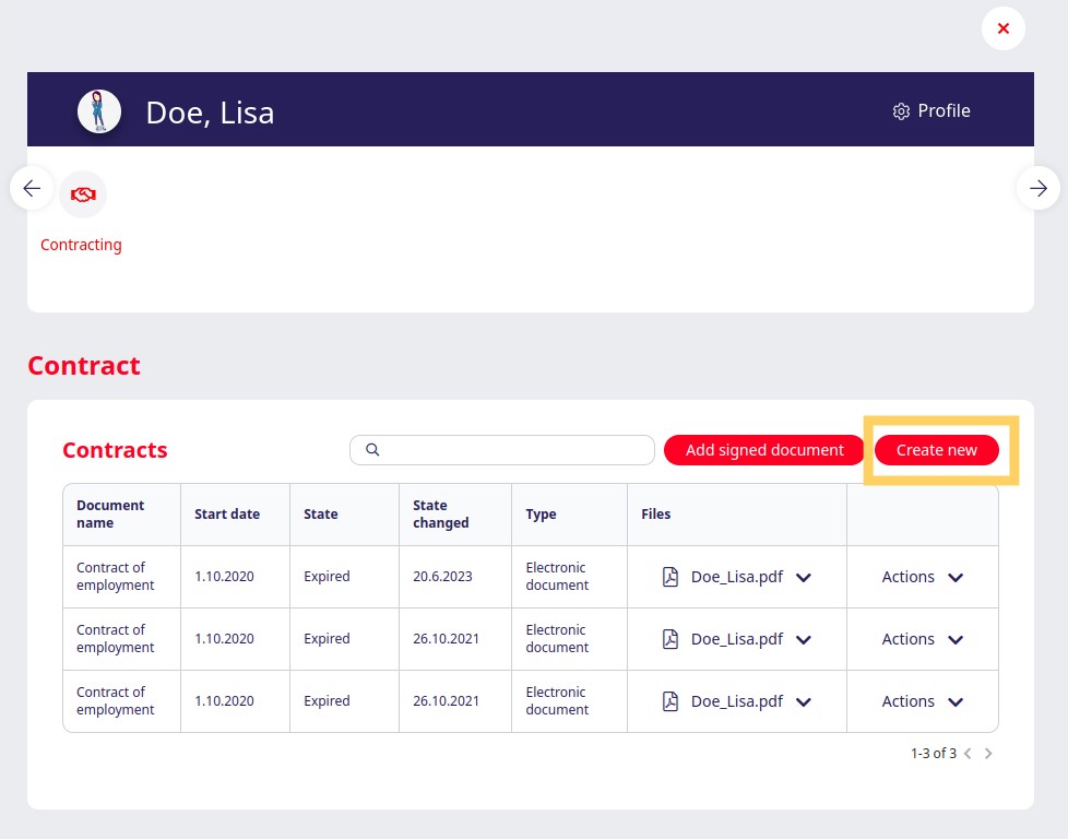 Create new contract button