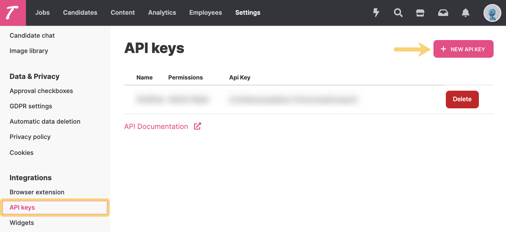 Create new API key in Teamtailor