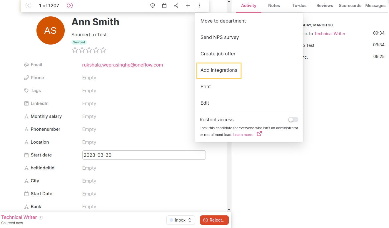 Oneflow action on candidate profile
