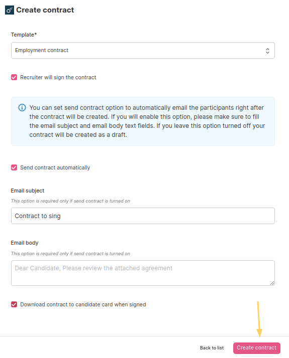 Select template for contract