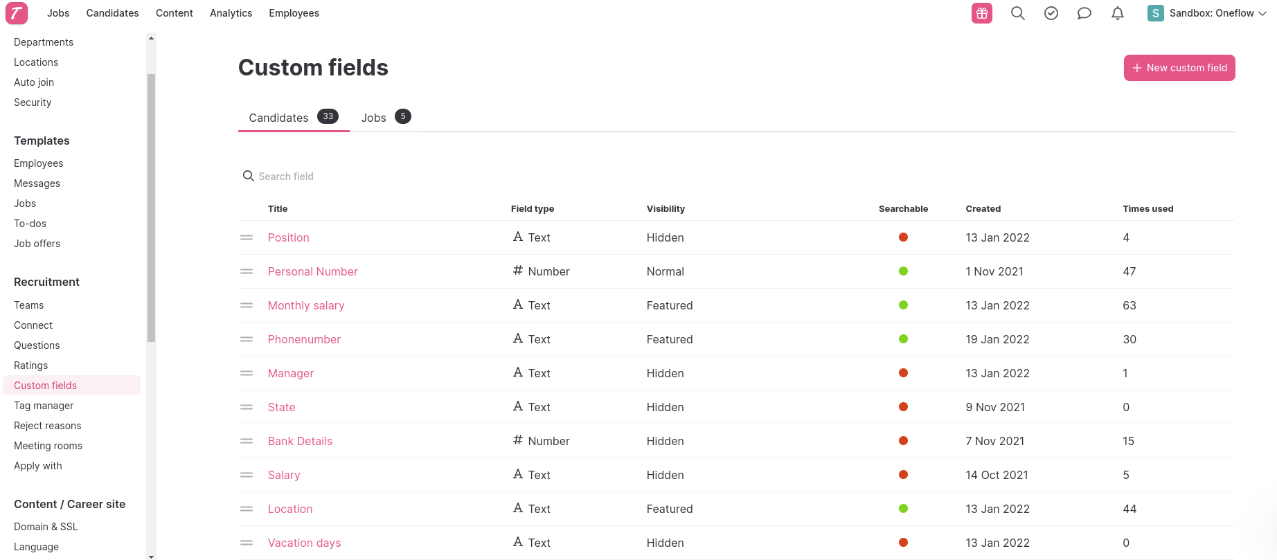 Creating a new custom field in Teamtailor