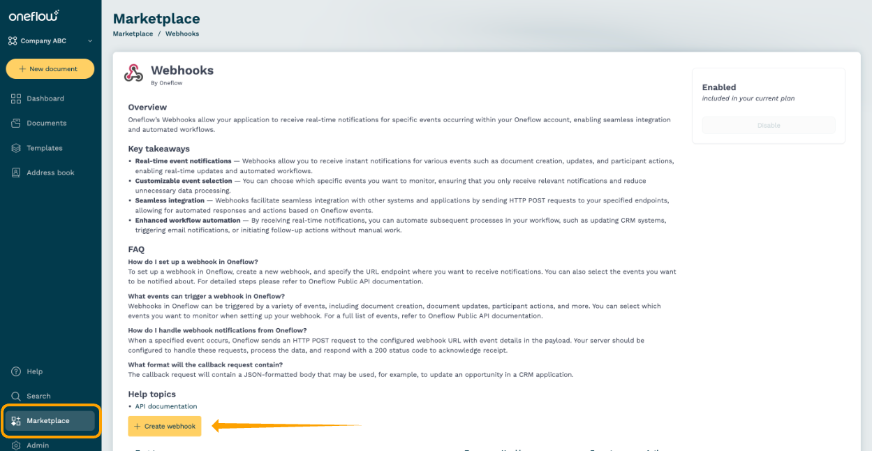 Creating a webhook in Oneflow