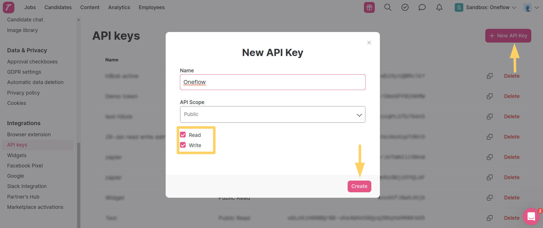 Adding Teamtailor API key to Oneflow settings