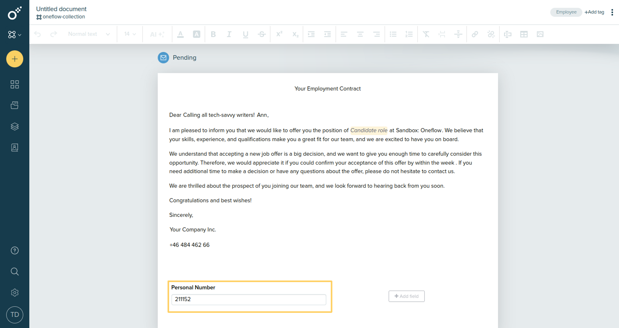 Custom field data in Oneflow contract