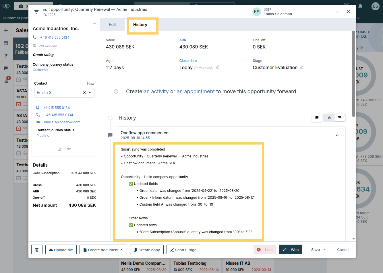 History log in Upsales showing Smart Sync updates