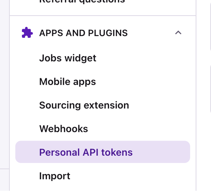 Personal API tokens menu