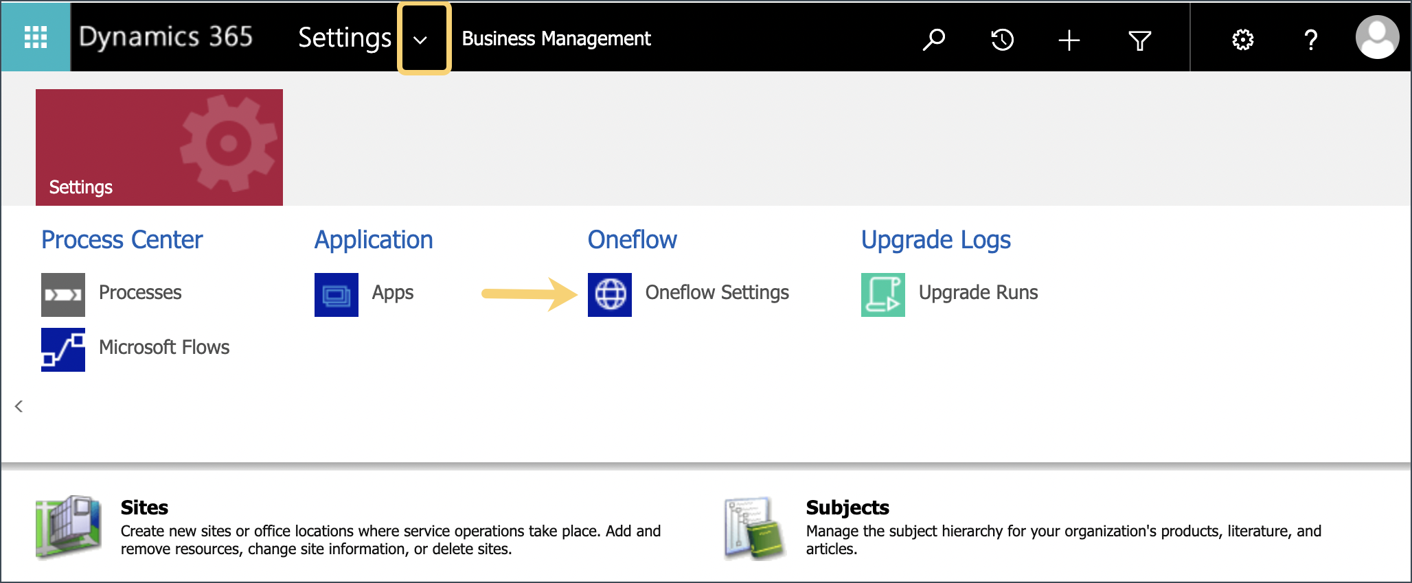 Oneflow Settings Menu