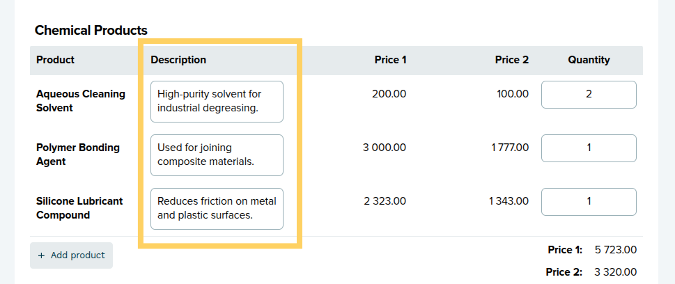 Product description column in Oneflow