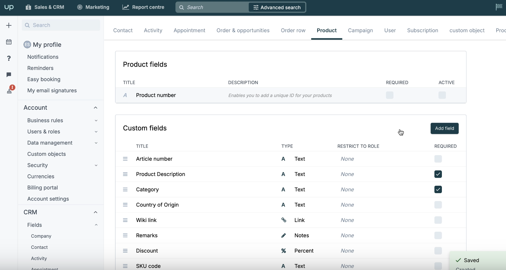 Upsales custom product fields example
