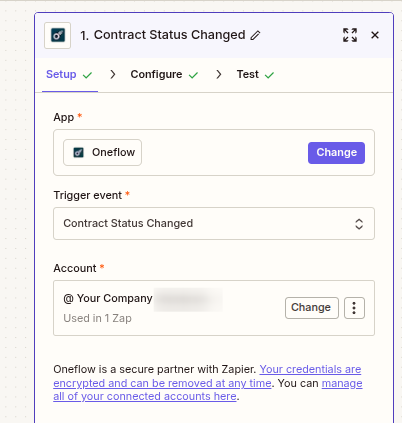 Select Contract Status Changed event in Zapier