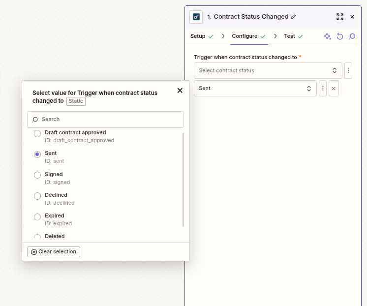 Configure trigger status dropdown