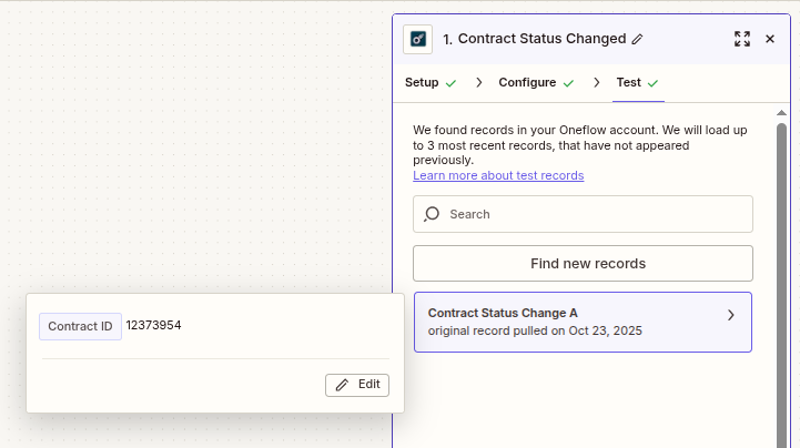 Zapier trigger output showing Contract ID