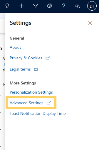 Dynamics 365 Advanced Settings Menu